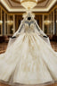 Champagne Ball Gowns Tulle Appliques High Neck Long Sleeve Backless Wedding Dress