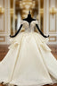 Champagne Ball Gowns Tulle Appliques Off the Shoulder Wedding Dress With Long Train