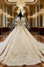 Champagne Ball Gowns Tulle Backless Sequins Long Sleeve Wedding Dress