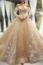 Champagne Ball Gowns Tulle Lace Appliques Off The Shoulder Long Sleeve Prom Dress