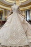 Champagne Ball Gowns Tulle Lace Long Sleeve Backless Wedding Dress With Beading