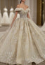 Champagne Ball Gown Tulle Sequins Appliques Beading Off the Shoulder Wedding Dress