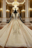 Champagne Ball Gowns Tulle Sequins Long Sleeve Luxury Wedding Dress With Beading