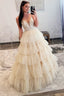 Champagne Beaded Spaghetti Strap Ruffle Tiered Ball Gowns