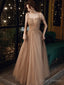 Champagne Beaded Tulle Straps Long Party Dresses, A-Line Tulle Formal Dresses Prom Dresses