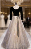 Champagne Black Tulle Short Sleeve Sequins prom Dress