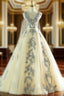 Champagne Deep V Neck Backless Appliques Wedding Dress