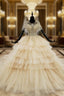 Champagne Gold Ball Gown Tulle Sequins Cap Sleeve Backless Wedding Dress