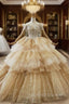 Champagne Gold Ball Gowns Tulle Sequins Off the Shoulder Beading Wedding Dress
