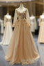Champagne Gold Tulle Sequins Long Sleeve Appliques Prom Dress