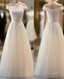 Champagne Lace Applique Off Shoulder Tulle Prom Dresses