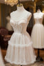 Champagne Lace Short Prom Dress, Spaghetti Straps Prom Dress with Pearl
