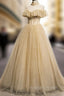 Champagne Long Prom Dress, Aline Champagne Graduation Dress with Beading