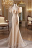Champagne Mermaid Puff Sleeve Pearls Prom Dress
