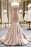 Champagne Mermaid Satin Strapless Beading Sequins Prom Dress