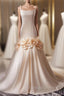 Champagne Mermaid Spaghetti Straps Pearls Flower Wedding Dress