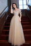 Champagne Off The Shoulder Lace Long Prom Dress, A-Line Evening Party Dress
