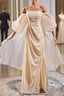 Champagne Puff Sleeve Pleats Prom Dress