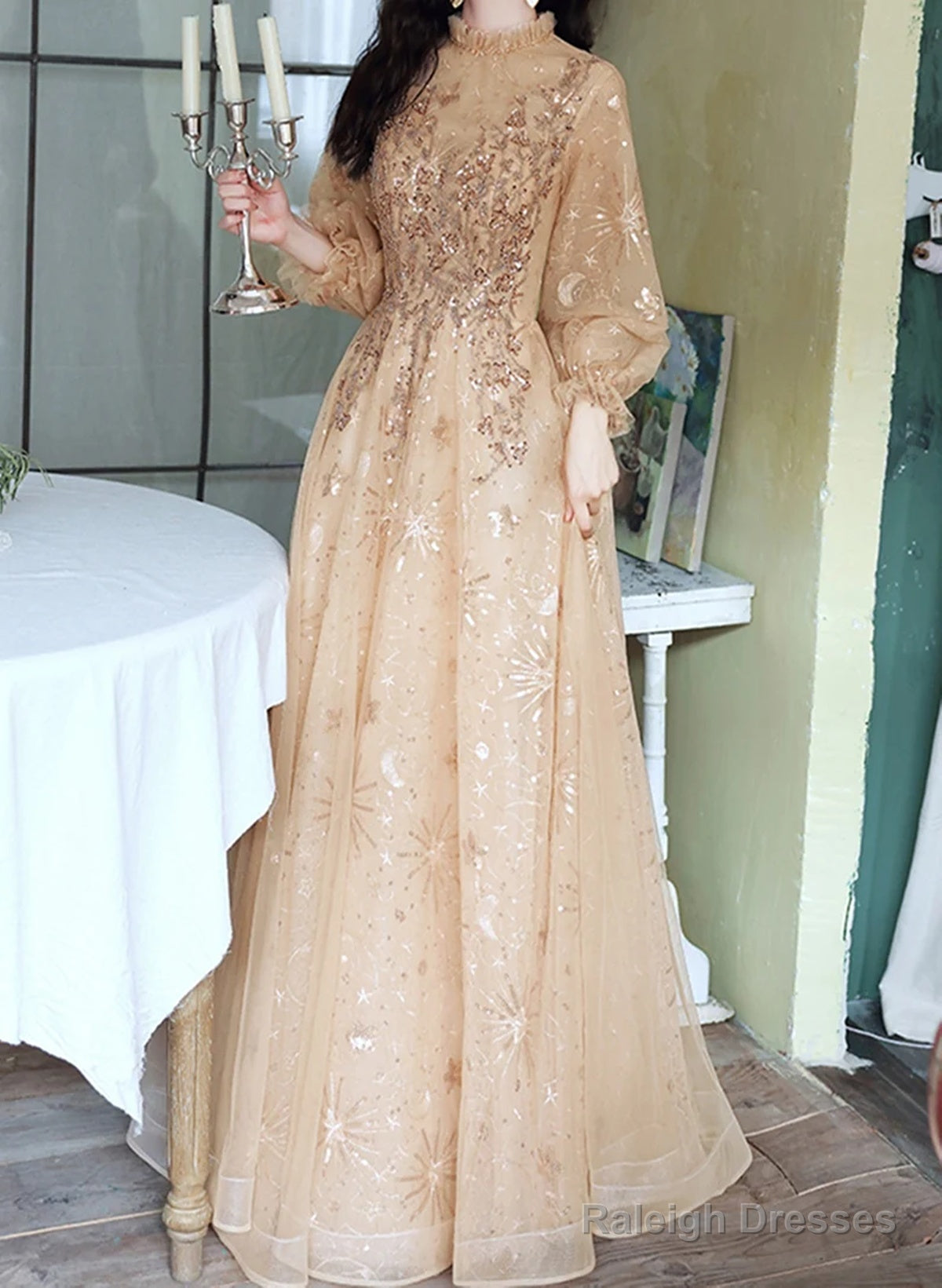 Champagne Puffy Sleeves Long Beaded Party Dress, Champagne Tulle Prom