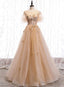 Champagne Puffy Sleeves Tulle Long Evening Dress Party Dress, A-Line Tulle Prom Dresses