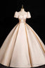Champagne Satin Lace Long Prom Dresses Elegant A-Line Short Sleeve Prom Dresses