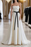 Champagne Satin Long A Line Prom Dress, Strapless Formal Prom Dress