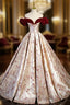 Champagne Satin Print Burgundy Velvet Prom Dress