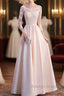 Champagne Satin With Lace Long Sleeves Prom Dress Evening Dress, A-Line Simple Bridesmaid Dresses