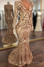 Champagne Sequins V-Neck Long Sleevess Mermaid Prom Dress