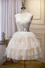 Champagne Spaghetti Straps Lace Prom Dresses A Line Short Homecoming Dresses