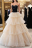 Champagne Sweetheart Neck Tulle Long Prom Dress, Champagne Formal Dresses