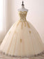 Champagne Sweetheart Neck Tulle Long Formal Prom Gown, Champagne Sweet 16 Dress