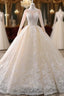 Champagne Tulle Appliques Long Sleeve Beading Wedding Dress