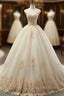 Champagne Tulle Ball Gowns Off The Shoulder Appliques Wedding Dress