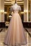 Champagne Tulle Beading V-neck Prom Dress