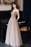 Champagne Tulle Beads Long Prom Dress, Champagne Evening Dress