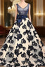 Champagne Tulle Blue Appliques V Neck Train Wedding Dress