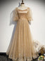 Champagne Tulle Chich Long Puffy Sleeves Prom Dress Formal Dress, A Line Tulle Prom Dress