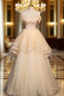 Champagne Tulle Flower Beading Off the Shoulder Prom Dress