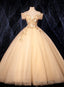 Champagne Tulle Flowers Off Shoulder Sweet 16 Prom Dress, Long Prom Dress, Formal Gowns