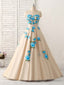 Champagne Tulle Lace Applique Long Prom Dress, Champagne Prom Dress