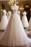 Champagne Tulle Lace Long Prom Dress, A Line Spaghetti Straps Backless Prom Dress