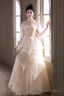 Champagne Tulle Lace Long Prom Dresses Beautiful Long Sleeve Prom Dresses