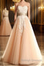 Champagne Tulle Lace Tea Pearl Prom Dresses, Lace Wedding Dresses