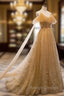 Champagne Tulle Lace V Neckline Beaded Unique Floor Length Prom Dress, New Prom Dress