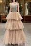 Champagne Tulle Layers Long A-Line Prom Dress, Spaghetti Strap Beaded Evening Dress