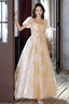 Champagne Tulle Long Prom Dress Champagne Short Sleeve Prom Dress