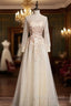 Champagne Tulle Long Sleeve Appliques Prom Dress