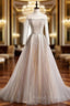 Champagne Tulle Long Sleeve Beading Prom Dress