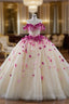 Champagne Tulle Off the Shoulder 3D Flower Beading Prom Dress